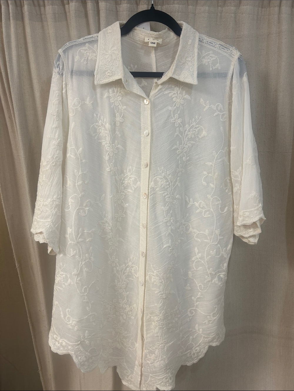 POL Cream/Natural Embroidered Button-Front Sheer Cardigan